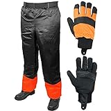 Spares2go - Pantalones forestales de seguridad para motosierra (talla única, 31 a 42 pulgadas) + guantes protectores (talla 10)